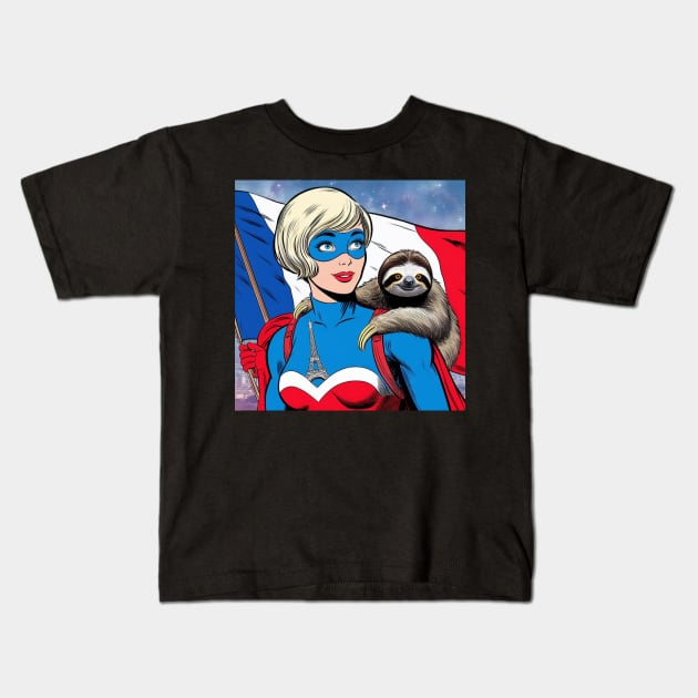 Francais: Female 70's Comic Book Hero with Sloth Kids T-Shirt by Woodpile